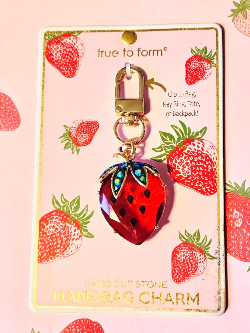 NEW True to Form Crystal Strawberry Bag Charm Keychain 4 Inches NWT